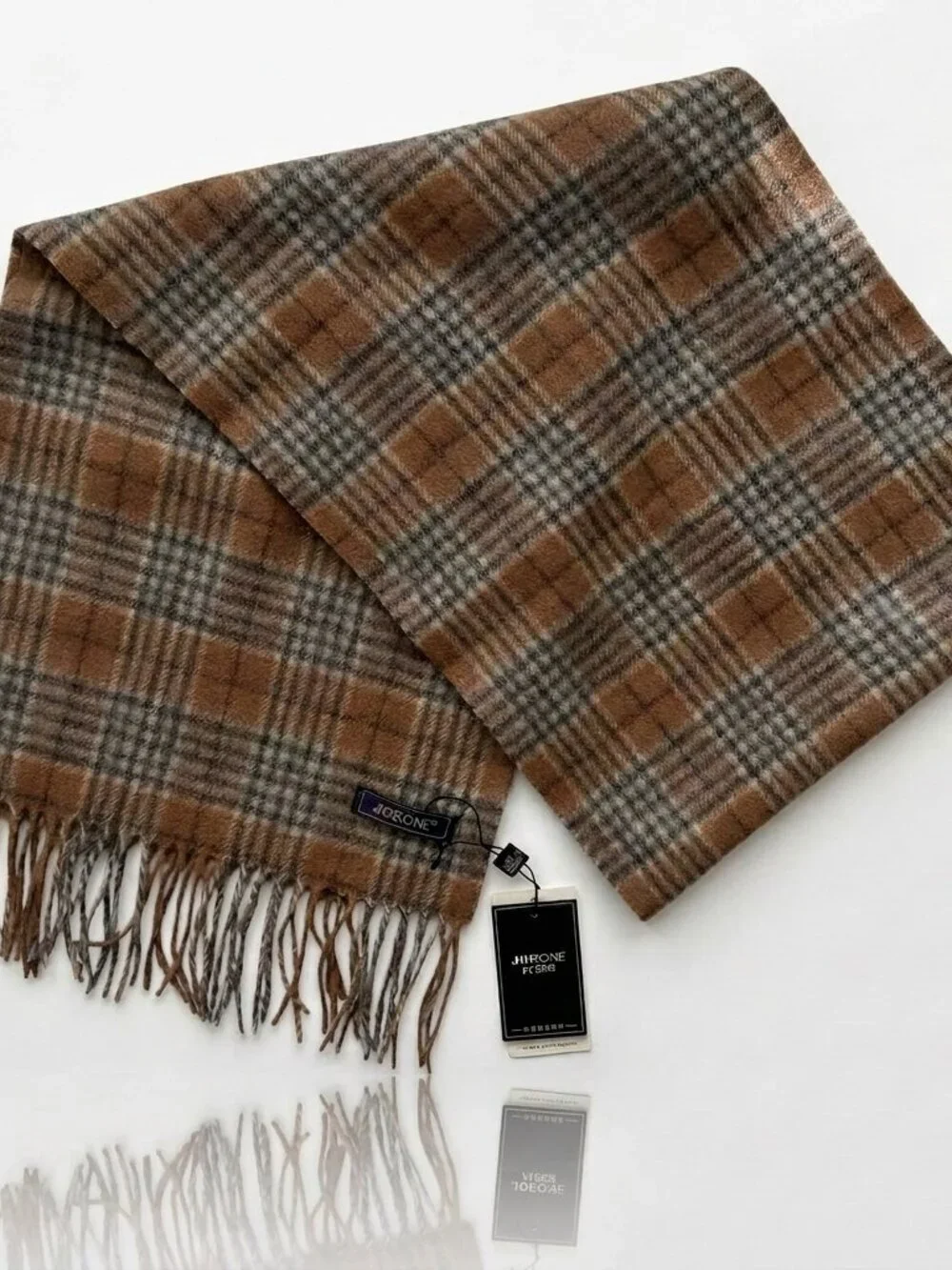 NWT JOE ONE 100% Cashmere Tan Gray Plaid Scarf